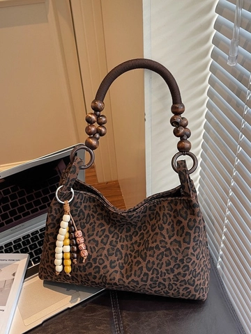 Sac Sous le Bras Rétro en Cuir PU Imprimé Léopard pour Femmes Sac à Bandoulière Grande Capacité Avec Sangle en Perles de Bois