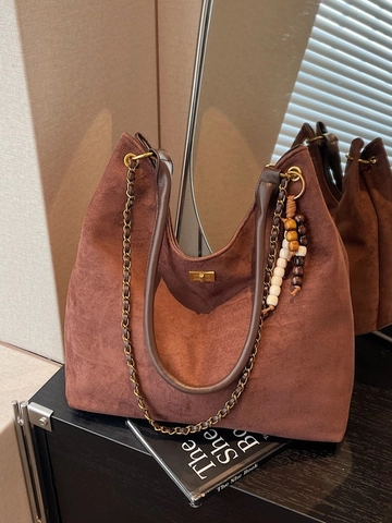 Sac à Épaule Rétro en PU de Grande Capacité pour Femmes Sac Hobo Texture Suède Dépoli avec Chaîne et Pendentif Perles