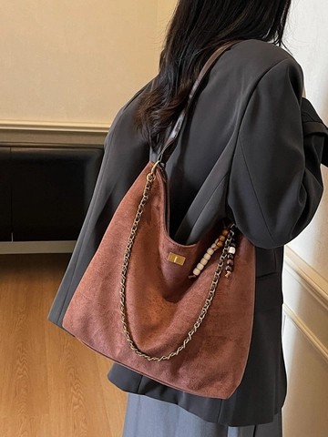 Sac à Épaule Rétro en PU de Grande Capacité pour Femmes Sac Hobo Texture Suède Dépoli avec Chaîne et Pendentif Perles