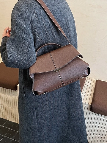 Vintage PU Leather Litchi Texture Crossbody Bag For Women Geometric Folding Stitching Shoulder Bag Commuter Handbag