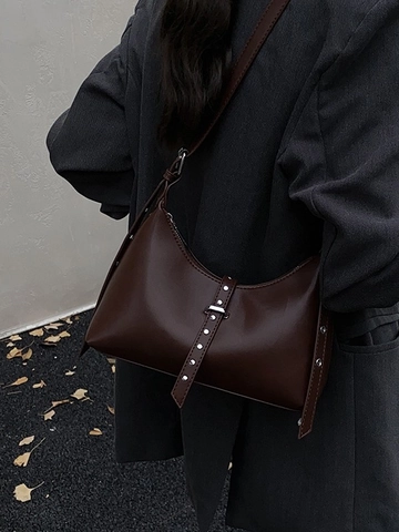 Retro Damen PU Leder Dumpling Umhängetasche High End Vintage Schultertasche Silber Nieten Modische Achsel Hobo Tasche