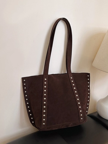 Bolso Tote de Gamuza con Remaches para Mujer Gran Capacidad Color Sólido Bolso de Hombro Vintage Bolso de Mano Hobo Retro