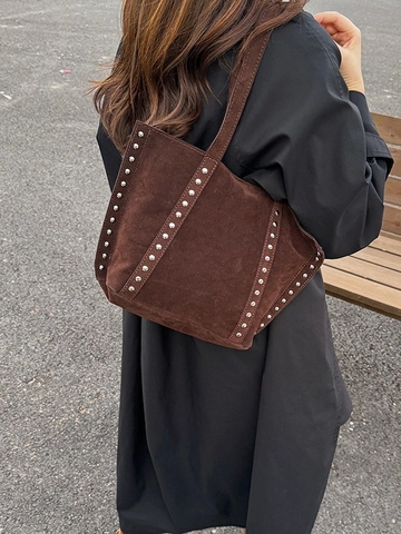 Bolso Tote de Gamuza con Remaches para Mujer Gran Capacidad Color Sólido Bolso de Hombro Vintage Bolso de Mano Hobo Retro