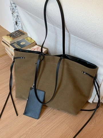 Vintage Canvas Tote Bag For Women Large Capacity Shoulder Bag With Small Pouch Retro Minimalist Solid Color Commuter Handbag