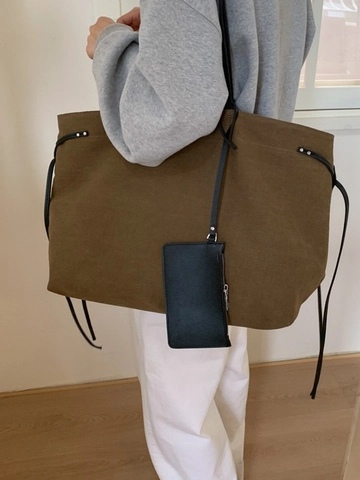 Vintage Canvas Tote Bag For Women Large Capacity Shoulder Bag With Small Pouch Retro Minimalist Solid Color Commuter Handbag