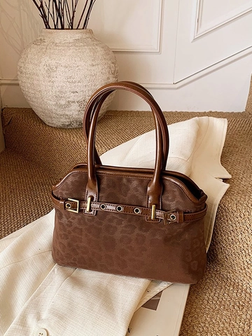 Sac Fourre-tout en Cuir PU à Grande Capacité Imprimé Léopard Vintage pour Femmes Sac à Bandoulière Rétro avec Boucle en Métal Sac à Main Tendance