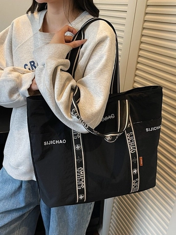 Damen Große Kapazität Tote Bag Casual Nylon Schultertasche Für Pendeln Arbeit Schule Mode Buchstabendruck Handtasche