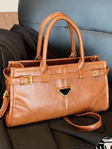 Bolso de Hombro Vintage con Costuras en Contraste para Mujer Gran Capacidad de Cuero PU con Decoración de Triángulo Invertido