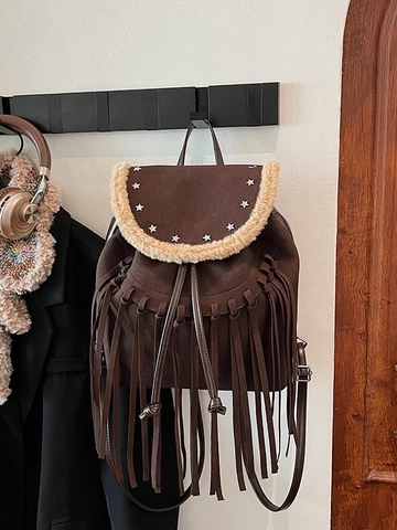 Mochila de Borlas Bohemia para Mujer Vintage PU Gamuza Remaches de Estrella Borde de Piel Gran Capacidad Mochila Casual de Viaje
