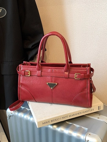 Bolso de Hombro Vintage con Costuras en Contraste para Mujer Gran Capacidad de Cuero PU con Decoración de Triángulo Invertido