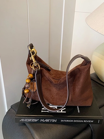 Vintage Wildleder Hobo Unterarmtasche Für Damen Retro Weiche Schultertasche Mit Perlenanhänger Bohemian Mode Umhängetasche