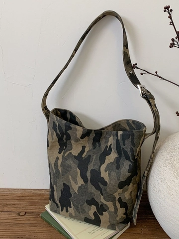 Moda Mimetica Leopardata Borsa a Secchiello in Tela Grande Capacità Tracolla Con Cinghia Regolabile per Donna