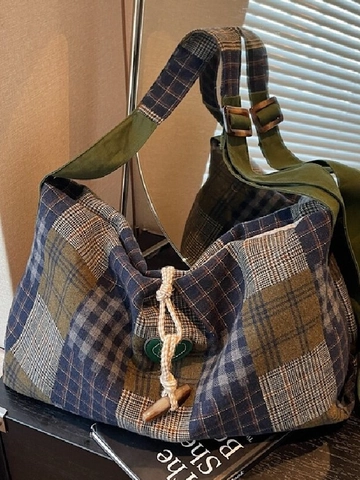 Μεγάλη Χωρητικότητα Vintage Καρό Patchwork Τσάντα Ώμου για Γυναίκες Υφασμάτινη Τσάντα Tote Με Κουμπί Κέρατο Casual Hobo Τσάντα Σχολείο Ταξίδι