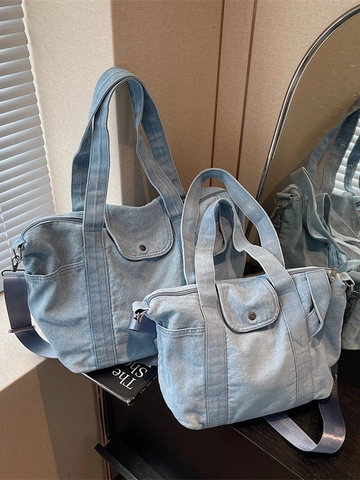 Vintage Denim Tote Bag For Women Large Capacity Washed Canvas Shoulder Bag Casual Crossbody Bag Solid Color Top Handle Bag