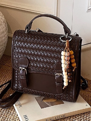 Retro Woven PU Leather Backpack For Women Fashion Solid Color Shoulder Bag With Beaded Charm Multi-functional Handbag Versatile Travel Pack