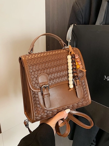 Retro Woven PU Leather Backpack For Women Fashion Solid Color Shoulder Bag With Beaded Charm Multi-functional Handbag Versatile Travel Pack