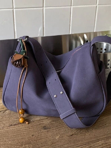 Women Vintage Faux Suede Hobo Bag Large Capacity Minimalist Shoulder Bag With Wood Bead Pendant Retro Crossbody Handbag