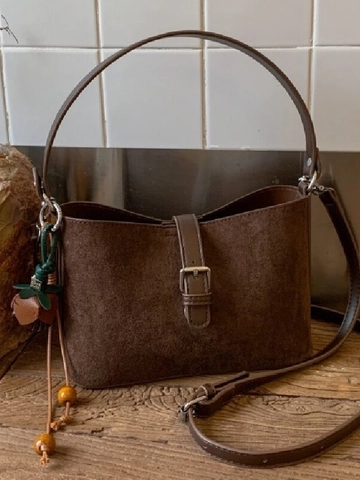 Retro Frosted Synthetic Leather Bucket Shoulder Bag For Women Fashion Crossbody Handbag With Magnet Buckle And Stitching
