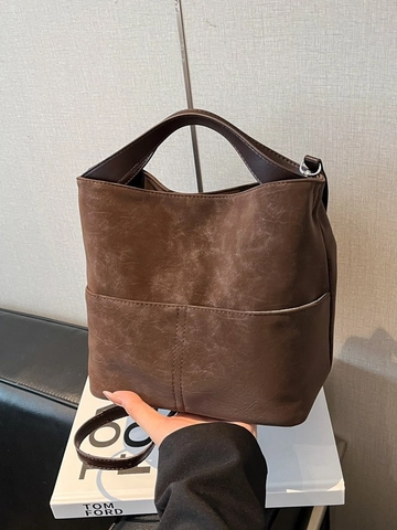 Damen Retro PU Leder Eimertasche Minimalistische Ziernähte Handtasche Pendler Schultertasche Umhängetasche Vintage Fashion Tote