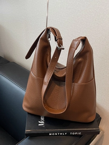 Large Capacity PU Leather Bucket Bag For Women Minimalist Lychee Pattern Shoulder Bag Fashion Hobo Bag Casual Tote Bag