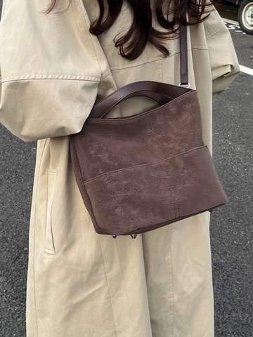 Damen Retro PU Leder Eimertasche Minimalistische Ziernähte Handtasche Pendler Schultertasche Umhängetasche Vintage Fashion Tote