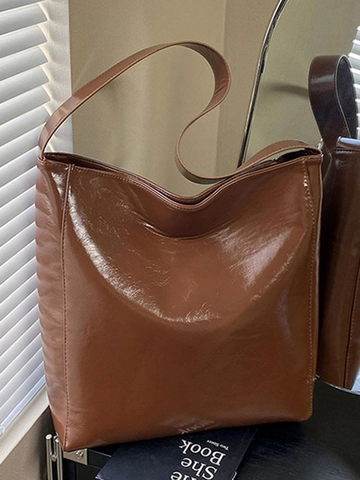 Bolso de Hombro Minimalista para Mujer Gran Capacidad Cuero PU Brillante Retro Bolso Tote Cubo Versátil Hobo Handbag