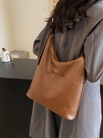 Large Capacity PU Leather Bucket Bag For Women Minimalist Lychee Pattern Shoulder Bag Fashion Hobo Bag Casual Tote Bag