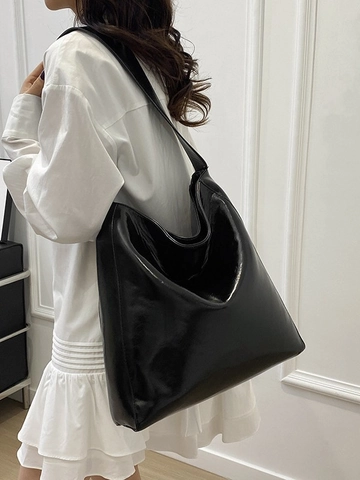 Bolso de Hombro Minimalista para Mujer Gran Capacidad Cuero PU Brillante Retro Bolso Tote Cubo Versátil Hobo Handbag