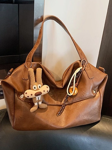 Borsa Tote in PU di Grande Capacità Vintage High-End Donna 2026 Nuova Semplice Borsa Sottobraccio Versatile Borsa a Spalla Con Ciondolo a Coniglio in Peluche
