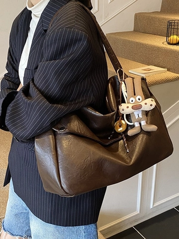 Borsa Tote in PU di Grande Capacità Vintage High-End Donna 2026 Nuova Semplice Borsa Sottobraccio Versatile Borsa a Spalla Con Ciondolo a Coniglio in Peluche