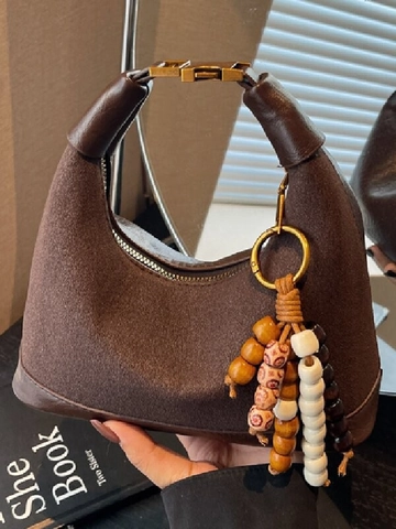 Vintage Damen Matte PU Leder Halbmond Hobo Tasche Retro Schulter Umhängetasche Mit Holzperlen Quaste Anhänger Knödeltasche