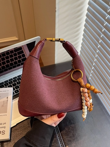 Vintage Damen Matte PU Leder Halbmond Hobo Tasche Retro Schulter Umhängetasche Mit Holzperlen Quaste Anhänger Knödeltasche
