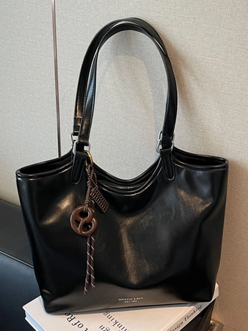 Women Vintage PU Leather Tote Bag Large Capacity Minimalist Shoulder Bag Solid Color Commuter Handbag With Pendant For Daily Work