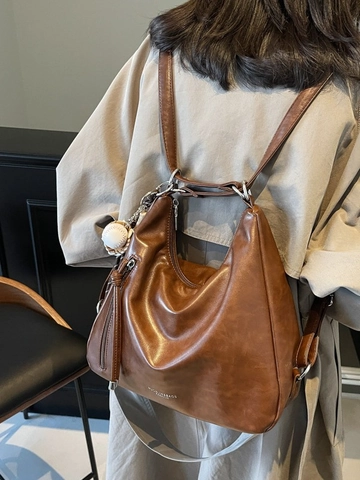 Women Vintage PU Leather Large Capacity Backpack Casual Plaid Hobo Shoulder Bag With Charm Multi-functional Tote Bag