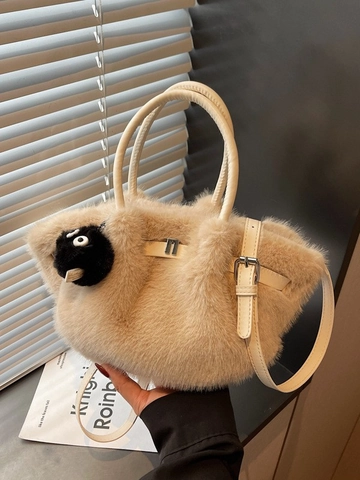Damen Plüsch Beuteltasche Kunstpelz Schultertasche Umhängetasche Mit Rußmännchen Anhänger Herbst Winter Kunstleder Handtasche