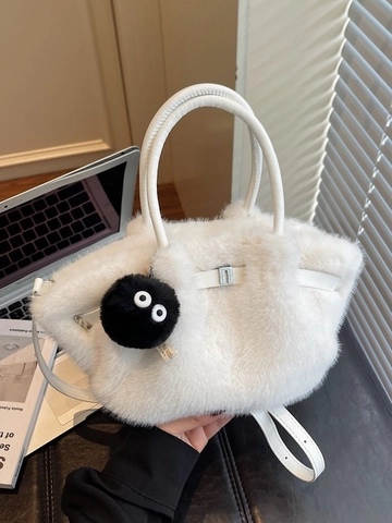 Damen Plüsch Beuteltasche Kunstpelz Schultertasche Umhängetasche Mit Rußmännchen Anhänger Herbst Winter Kunstleder Handtasche