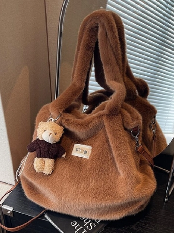 Borsa Tote in Peluche Ecologica per Donna Con Ciondolo a Orsetto Grande Capacità Borsa a Tracolla Morbida Shopping Bag Invernale