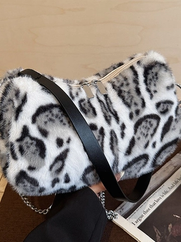 Vintage Leopardenmuster Plüsch Schultertasche Für Damen Retro Lässig Achsel Knödeltasche Mit Metallkette Reißverschluss
