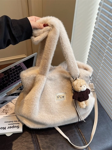 Borsa Tote in Peluche Ecologica per Donna Con Ciondolo a Orsetto Grande Capacità Borsa a Tracolla Morbida Shopping Bag Invernale