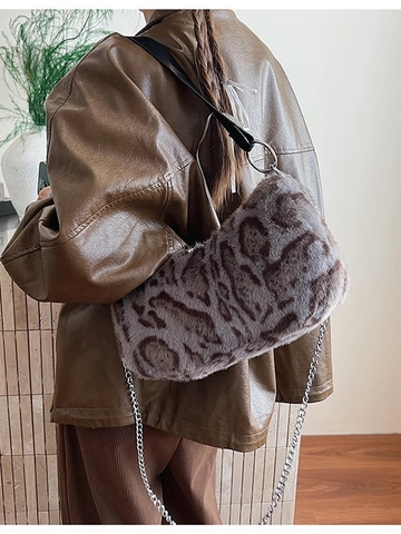 Vintage Leopardenmuster Plüsch Schultertasche Für Damen Retro Lässig Achsel Knödeltasche Mit Metallkette Reißverschluss