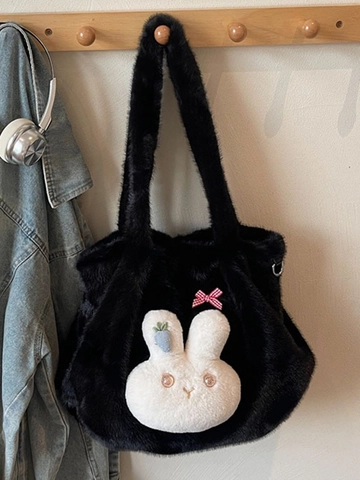 Borsa Tote in Peluche da Donna Grande Capacità Morbida Borsa a Tracolla in Pelliccia Sintetica Con Arredamento Coniglio Cartone Animato
