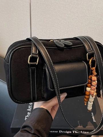 Borsa a Spalla in Pelle PU Smerigliata Vintage da Donna Grande Capacità Cuciture a Contrasto Borsa Sottobraccio Con Ciondolo di Perline Retro Boston Bag