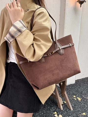 Large Capacity Suede Tote Bag For Women Vintage Commuter Shoulder Bag With Metal Buckle Solid Color Underarm Bag Fashion Handbag