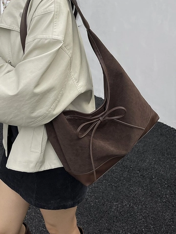 Borsa Tote Patchwork Retrò da Donna Borsa a Tracolla di Grande Capacità Con Decorazione a Fiocco Stile Coreano Borsa da Ufficio