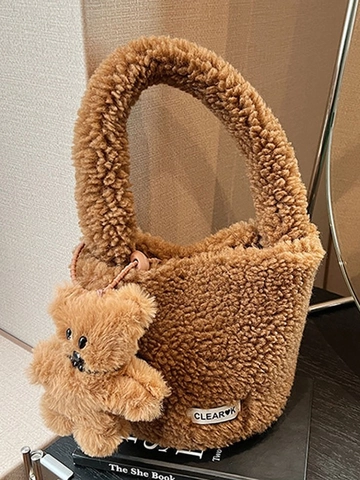 Women Plush Teddy Fleece Bucket Bag Cute Bear Pendant Crossbody Handbag Faux Fur Soft Autumn Winter Small Tote Bag Purse
