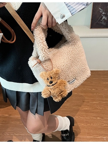 Women Plush Teddy Fleece Bucket Bag Cute Bear Pendant Crossbody Handbag Faux Fur Soft Autumn Winter Small Tote Bag Purse
