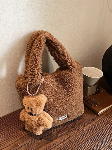 Damen Plüsch Beuteltasche Bärenanhänger Winter Kunstlammfell Umhängetasche Weiche Pelzige Handtasche Täglich Lässig