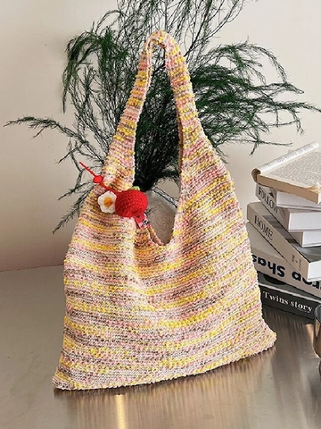 Borsa Tote da Donna Colorata Intrecciata a Mano in Paglia Grande Capacità Stile Arcobaleno Uncinetto Vacanza Spiaggia Borsa a Spalla Casual