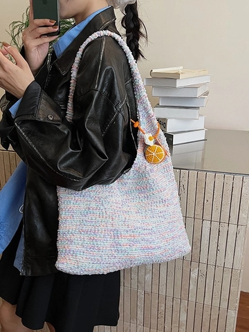 Borsa Tote da Donna Colorata Intrecciata a Mano in Paglia Grande Capacità Stile Arcobaleno Uncinetto Vacanza Spiaggia Borsa a Spalla Casual