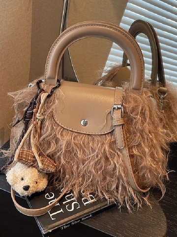 Bolso de Mano de Felpa de Piel Sintética para Mujer Moda Bolso de Hombro Bandolera Pequeño Bolso de Cubo con Lindo Oso